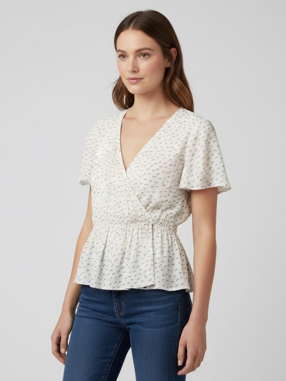 Express Peplum Wrap Blouse Geometric Print Short Sleeve Off-White Size M